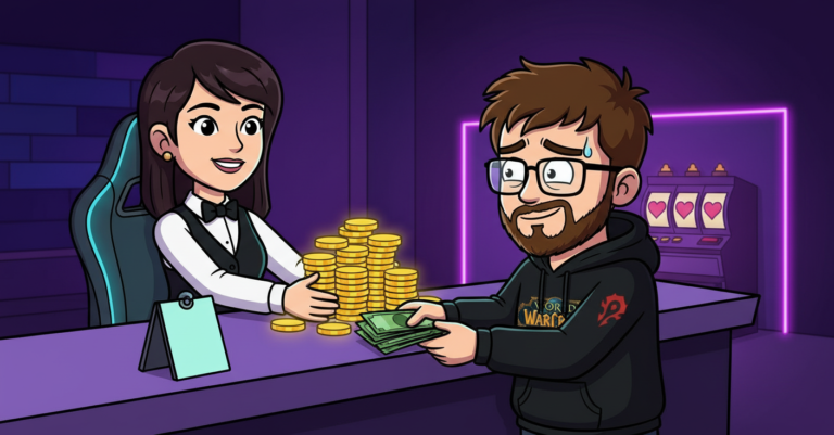 Nico cambia euros por tokens de Candy AI en la ventanilla de un casino
