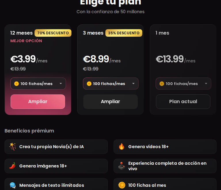 Candy AI Premium: 12 meses 3,99 euros, 3 meses 8,99 euros, 1 mes 13,99 euros al mes