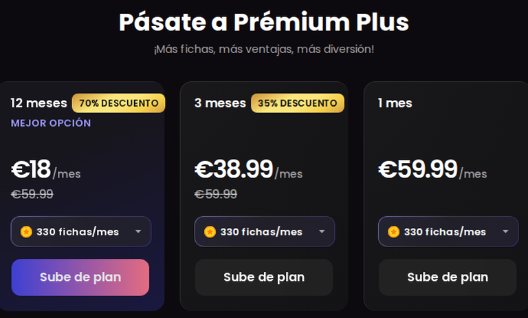 Candy AI Premium Plus: 18, 38,99 y 59,99 euros al mes, 330 tokens mensuales