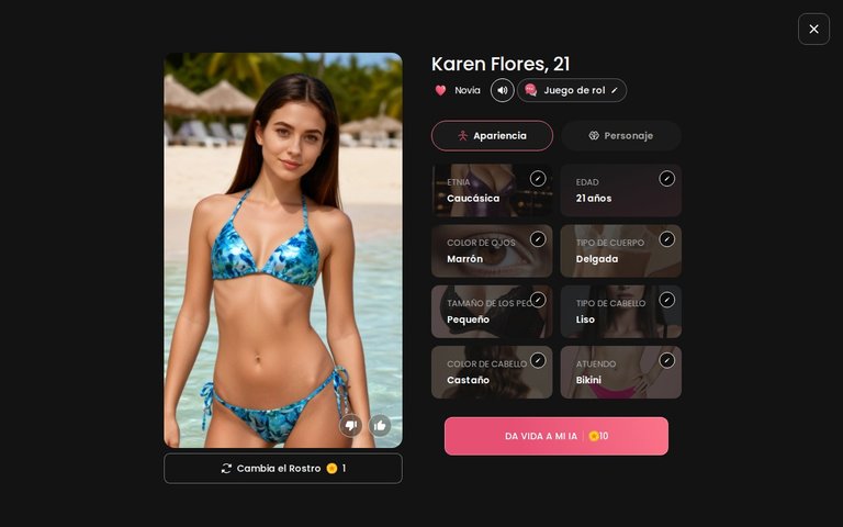 Resumen de un personaje personalizado en Candy AI (Karen Flores, 21) justo antes de darle vida