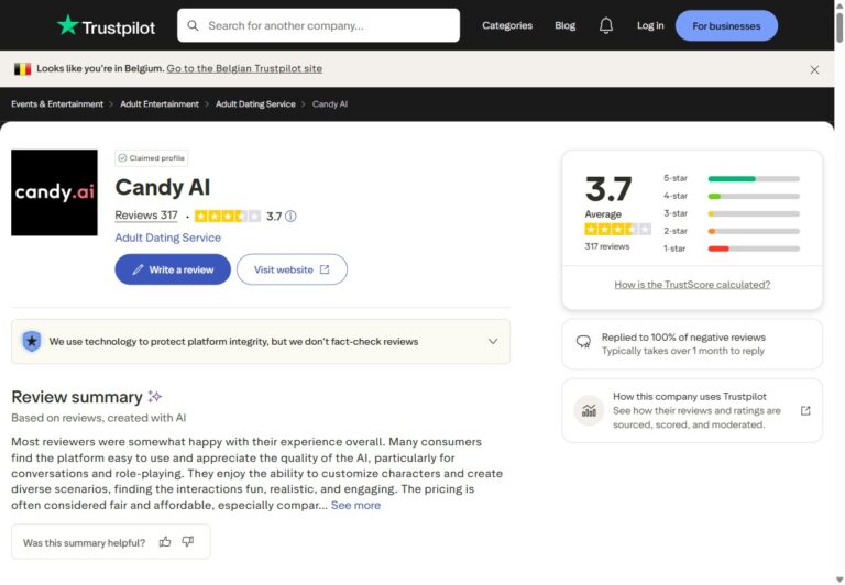Candy AI en Trustpilot, TrustScore 3,7 sobre 317 opiniones