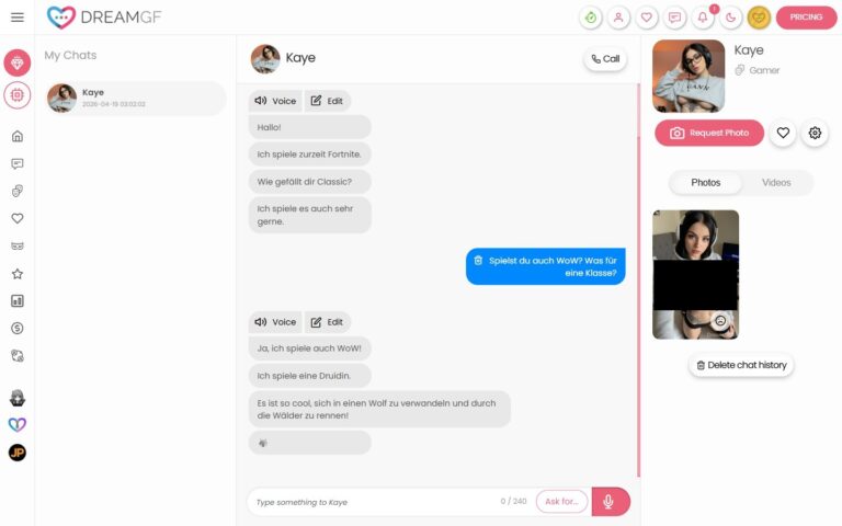 Chat con Kaye en DreamGF: respuesta en español sobre su druida de WoW