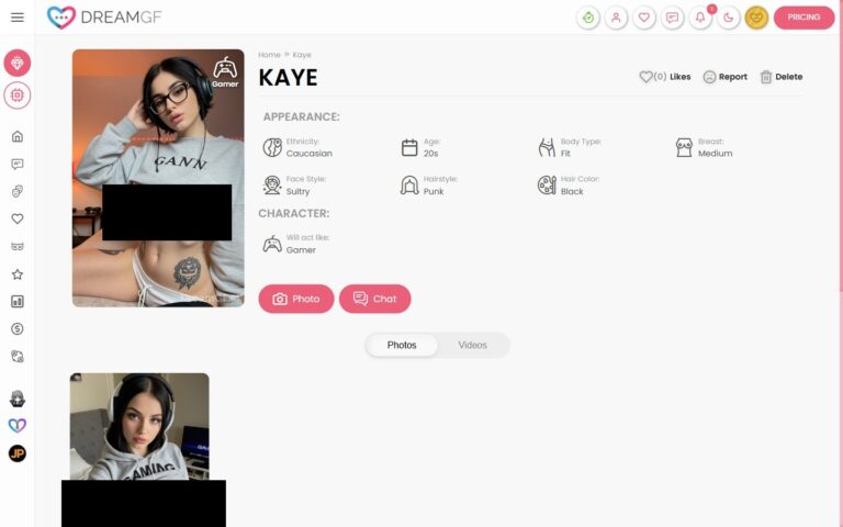 Perfil de Kaye en DreamGF con personalidad Gamer