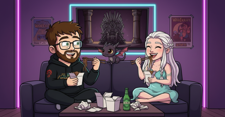 Nico en el sofá con Daenerys Targaryen, chow mein, Juego de Tronos en la tele y un dragoncito en el respaldo