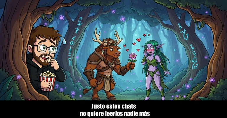Nico con palomitas mirando a un druida tauren y a una druida elfa de la noche en el bosquecillo