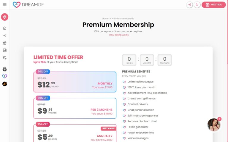 Suscripción Premium de DreamGF con mensajes ilimitados y 150 tokens