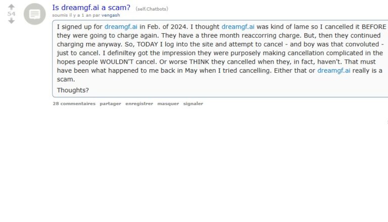 Post de Reddit en r/Chatbots titulado Is dreamgf.ai a scam, de vengash
