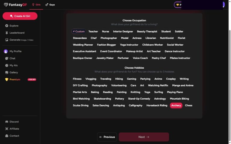 Creador de FantasyGF, paso 6: profesión y hobbies
