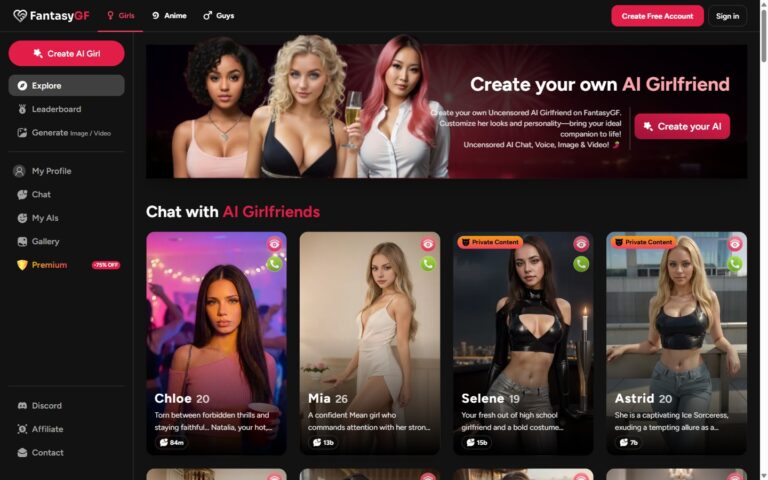 Página de inicio de FantasyGF con tres subcategorías: Girls, Anime y Guys