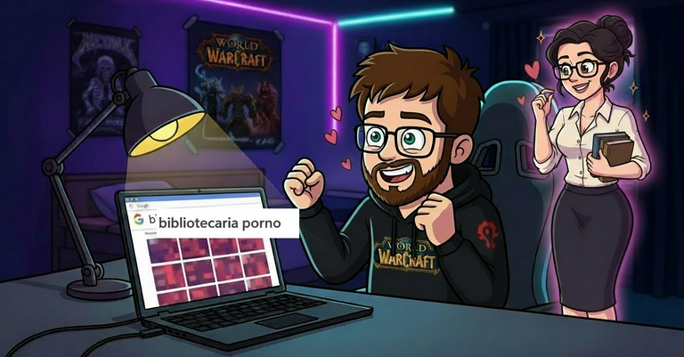 Nico con una sonrisa de oreja a oreja delante del portátil, soñando despierto con una bibliotecaria por encima del hombro
