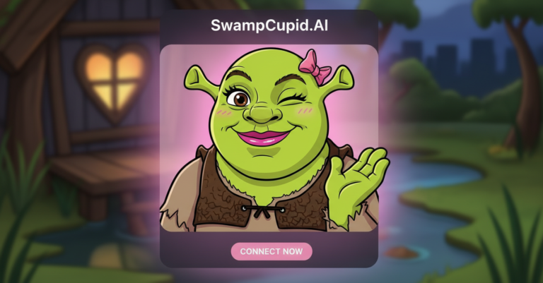 Tarjeta de perfil de SwampCupid.AI: una ogra verde con lazo rosa guiña el ojo y saluda