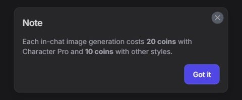 Aviso de GirlfriendGPT: cada imagen en el chat cuesta 20 coins con Character Pro y 10 coins con los demás estilos