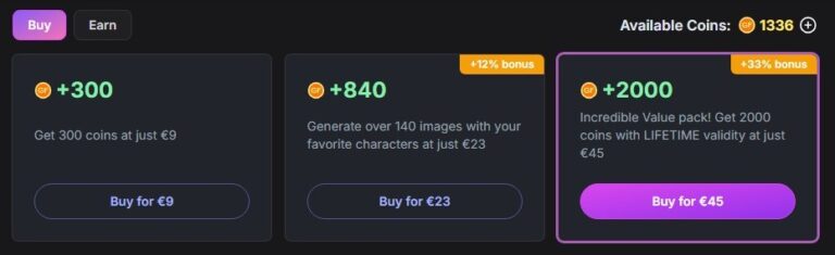 Packs de coins de GirlfriendGPT: 300 coins por 9 euros, 840 por 23 euros y 2000 por 45 euros