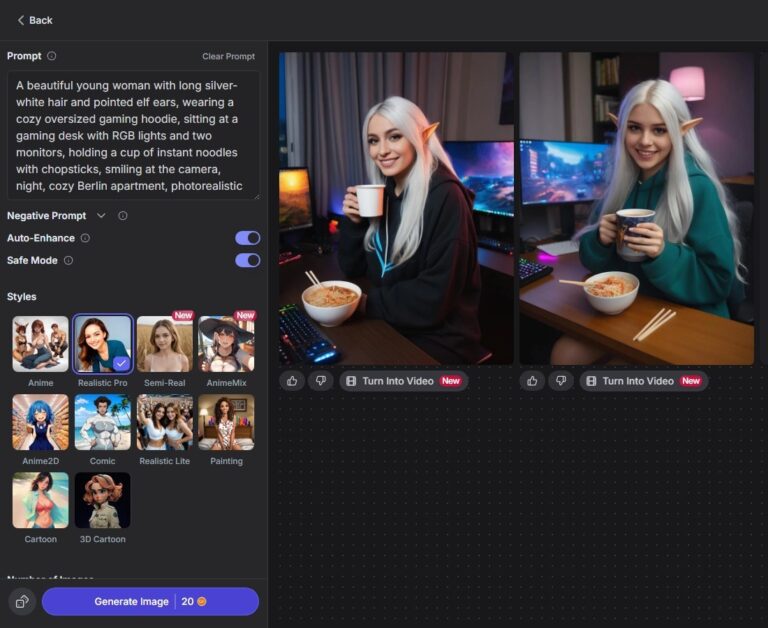 Generador de imágenes de GirlfriendGPT con el prompt, el estilo Realistic Pro y el botón Generate por 20 coins