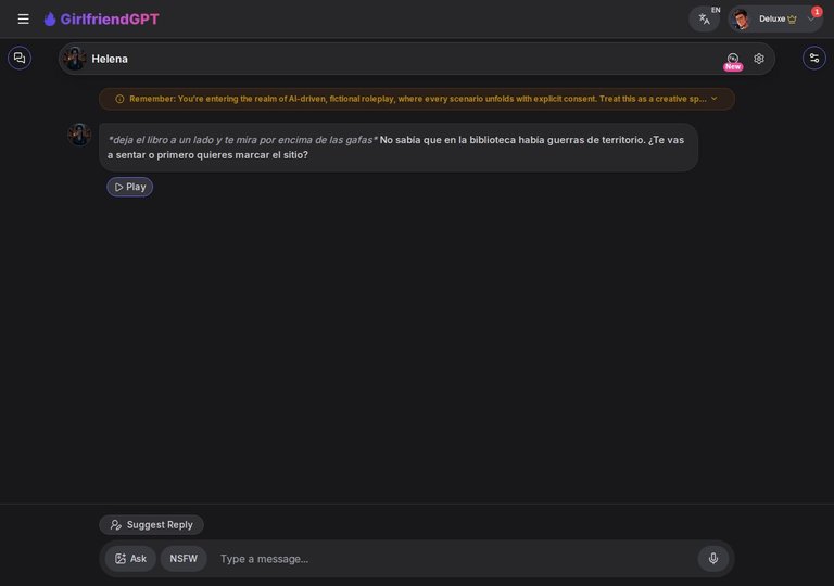 Interfaz de chat de GirlfriendGPT con Helena: mensaje de apertura y respuesta sugerida
