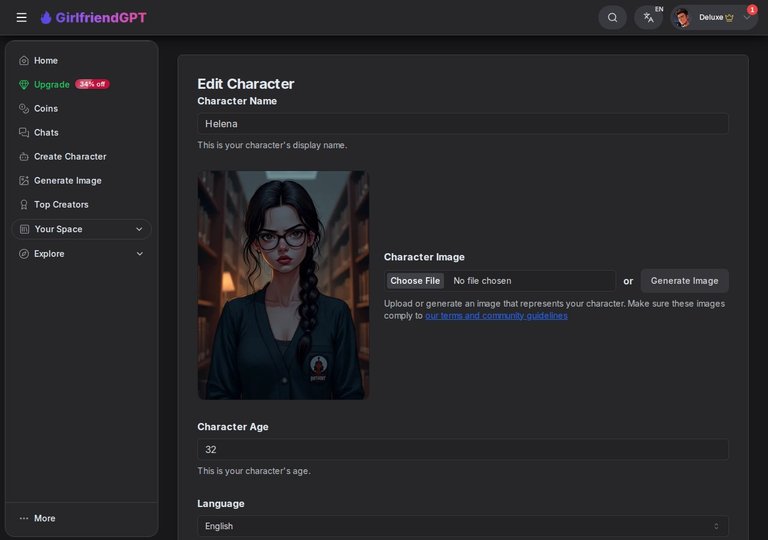 Formulario de creación de Helena en GirlfriendGPT con nombre, subida de imagen y edad