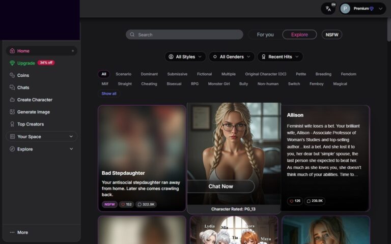 Página de inicio de GirlfriendGPT con la galería de personajes