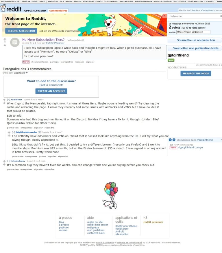 Hilo de Reddit r/gptgirlfriend: No More Subscription Tiers, con aviso de bug y precios distintos según el navegador