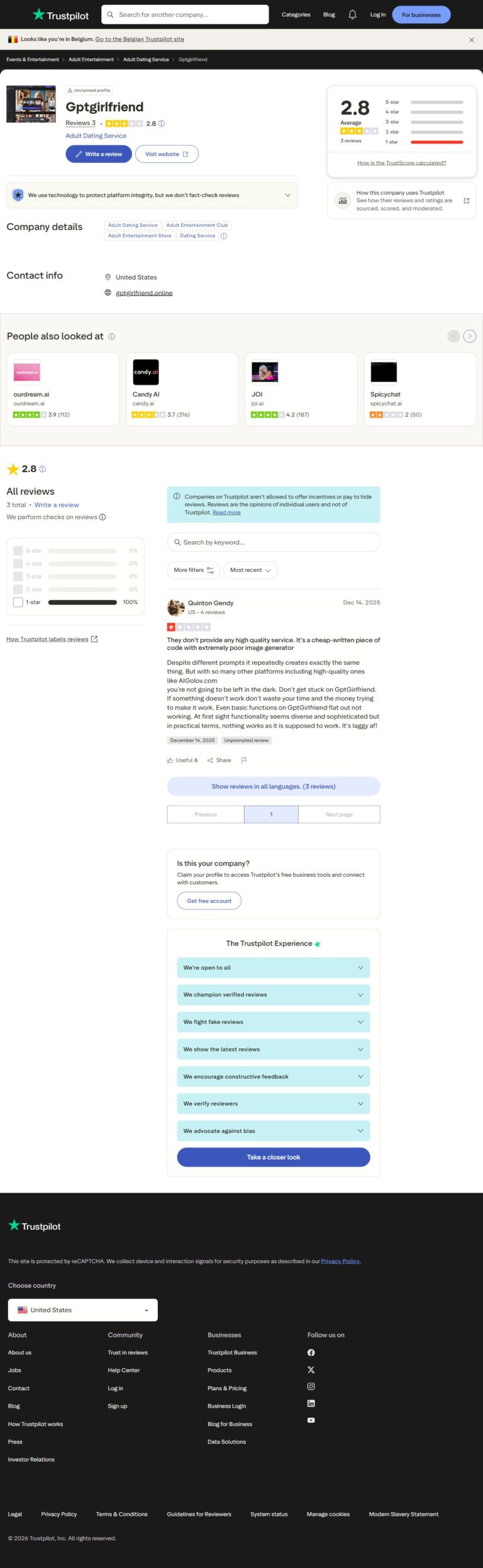 Página de Trustpilot de GirlfriendGPT con 2,8 de 5 estrellas y crítica de 1 estrella de Quinton Gendy