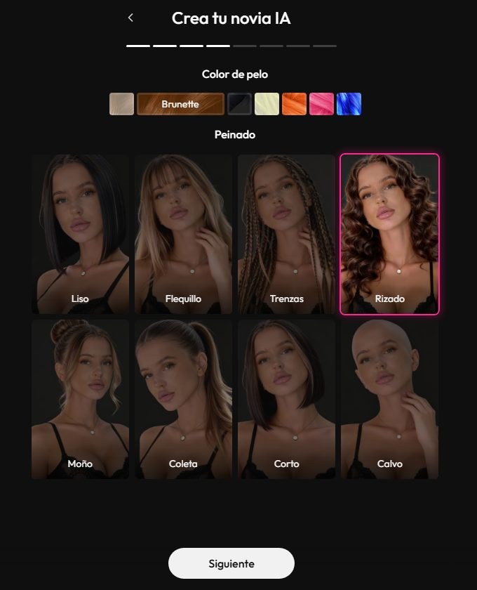 Creador de Joi AI en español: elección del peinado, con «Rizado» seleccionado y el color «Brunette»