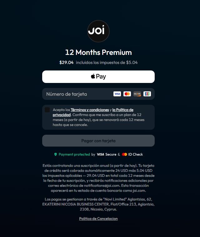 Página de pago de Joi AI: un año de Premium por 29,04 dólares con el IVA del 21 % incluido, con tarjeta o Apple Pay