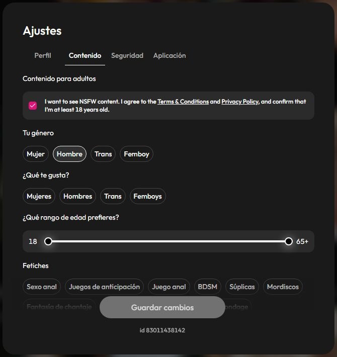 Ajustes de Joi AI: contenido para adultos, género y preferencias