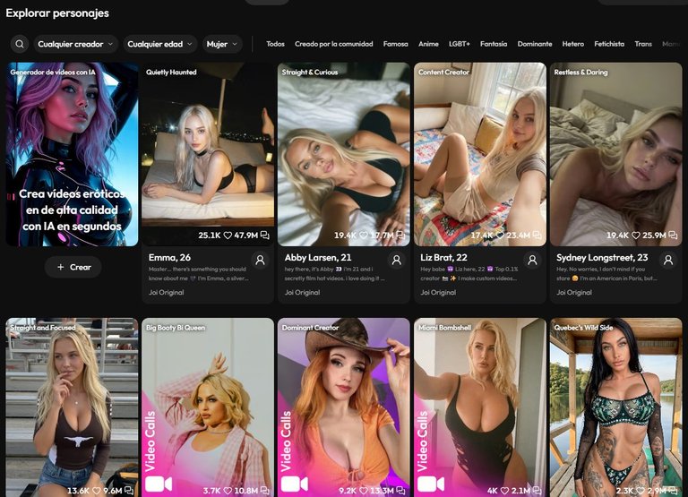 Catálogo de Joi AI con filtros y los perfiles de Emma, Abby Larsen, Liz Brat y Sydney Longstreet