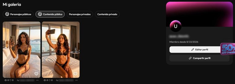 Perfil en Joi AI: las dos imágenes de Mila aparecen en «Contenido público»