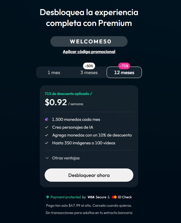 Oferta Premium anual de Joi AI, con 1.500 Neuronas al mes y hasta 350 imágenes o 100 vídeos