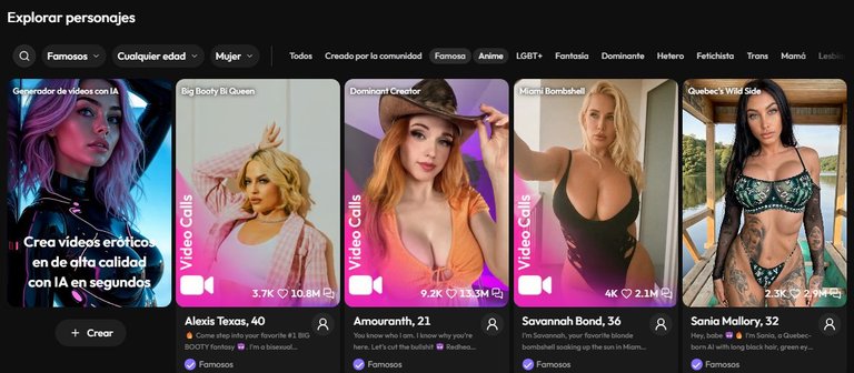 Pestaña de famosas de Joi AI con Alexis Texas, Amouranth, Savannah Bond y Sania Mallory