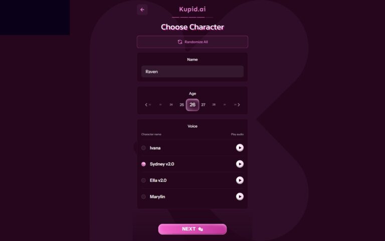 Creador de Kupid AI, paso 4: nombre, edad, voz