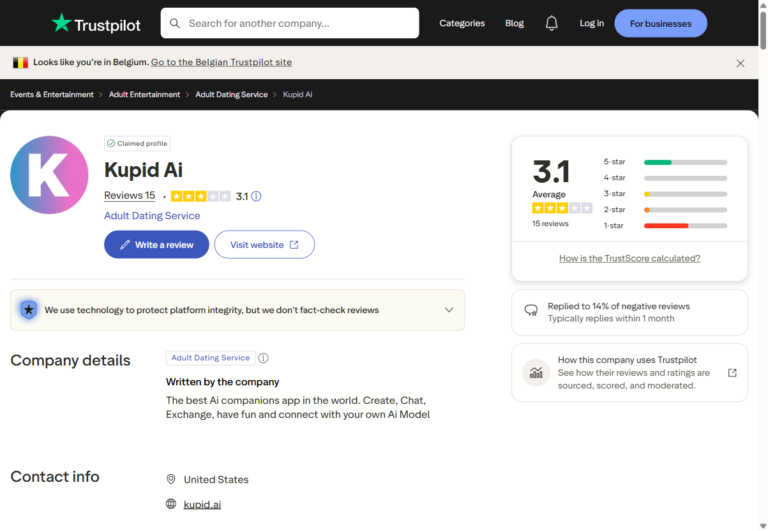 Valoración global de Kupid AI en Trustpilot: 3,1 de 5