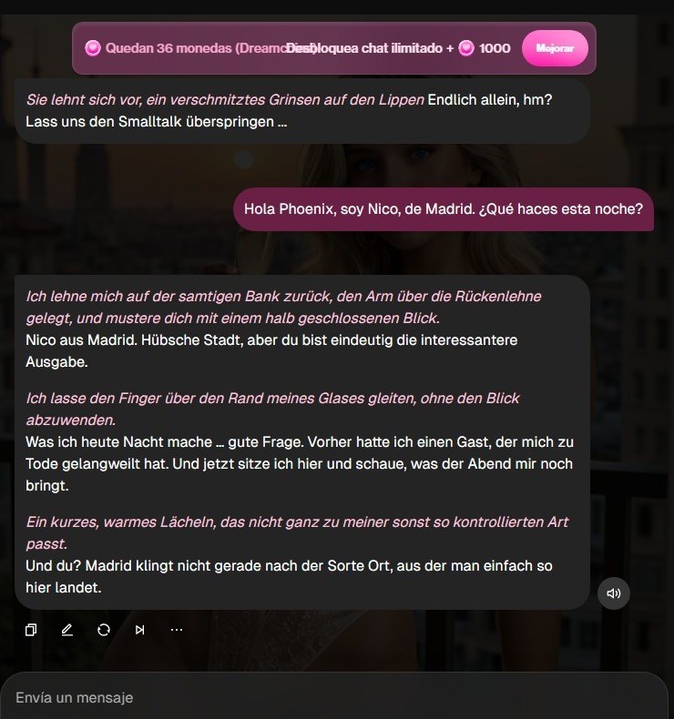 Chat con Phoenix en OurDream AI: le escribo en español y me responde en alemán