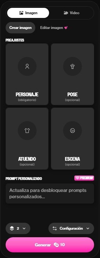 Generador de imágenes de OurDream AI con plantillas de personaje, pose, ropa y escena