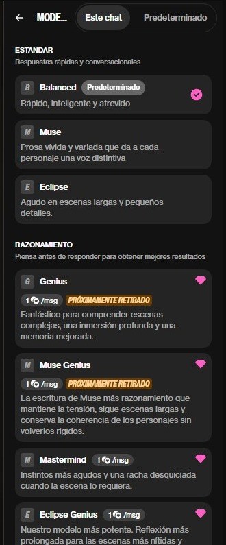 Selector de modelos en el chat de OurDream AI: Balanced, Muse, Eclipse y modelos que razonan por 1 coin por mensaje